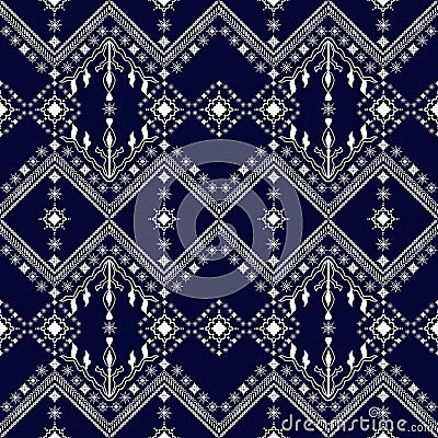 Ethnic seamless pattern white on navy blue background Stock Photo